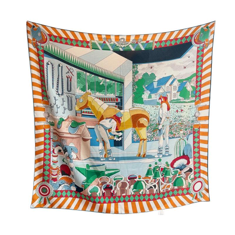 NINA SOLOR Double-Sided Silk Wool Equestrian Pattern Scarf