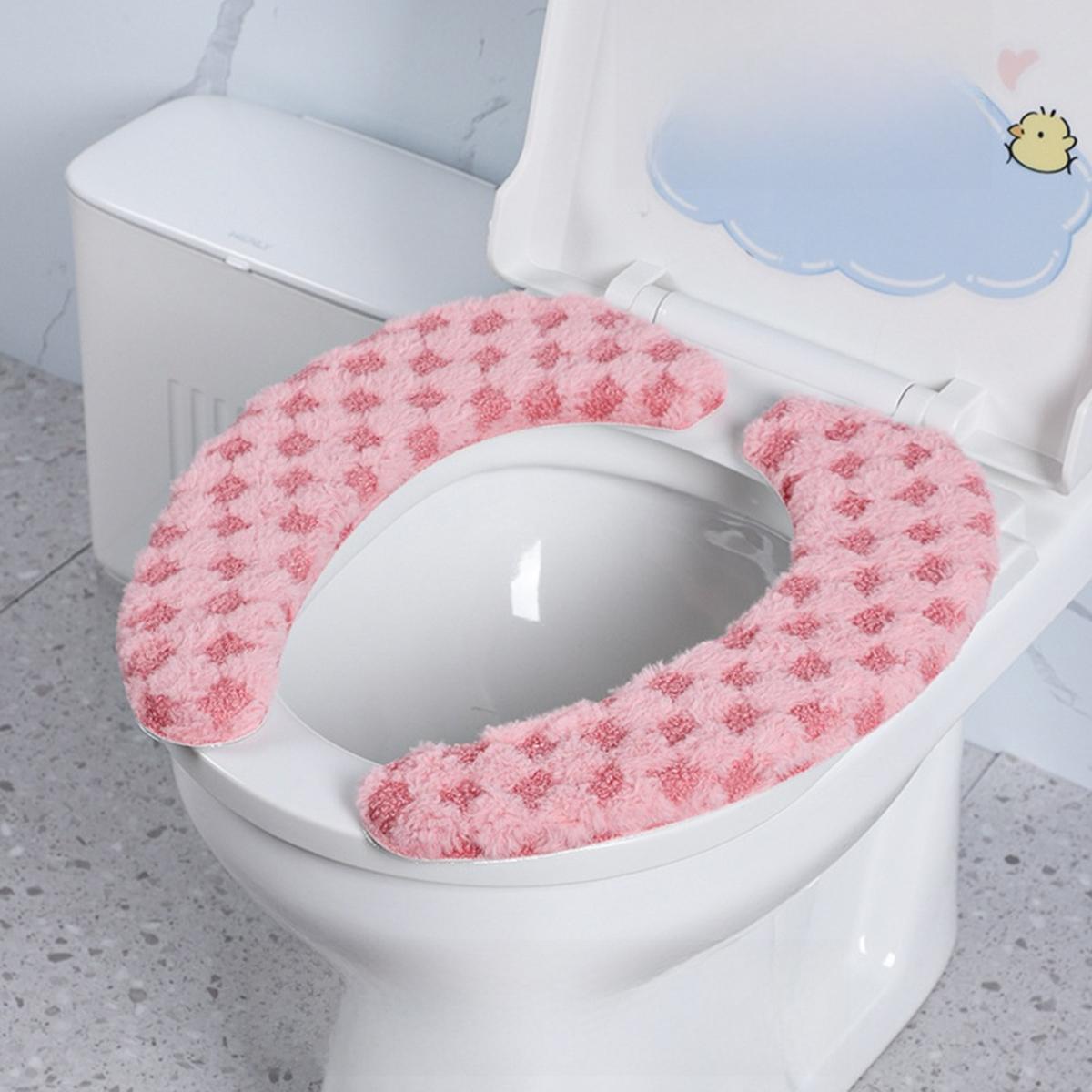 

Thickened Fleece Toilet Seat Cover Washable Adhesive Toilet Ring Pad Suitable For Home Dormitories And Hotels In Autumn / Winter рожевий