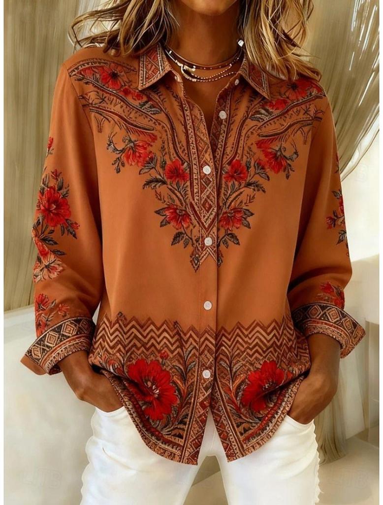 Camisa de Mujer Estilo Europeo y Americano Holgada Estampada de Manga Larga con Cuello - Colección Primavera/Otoño 2026
