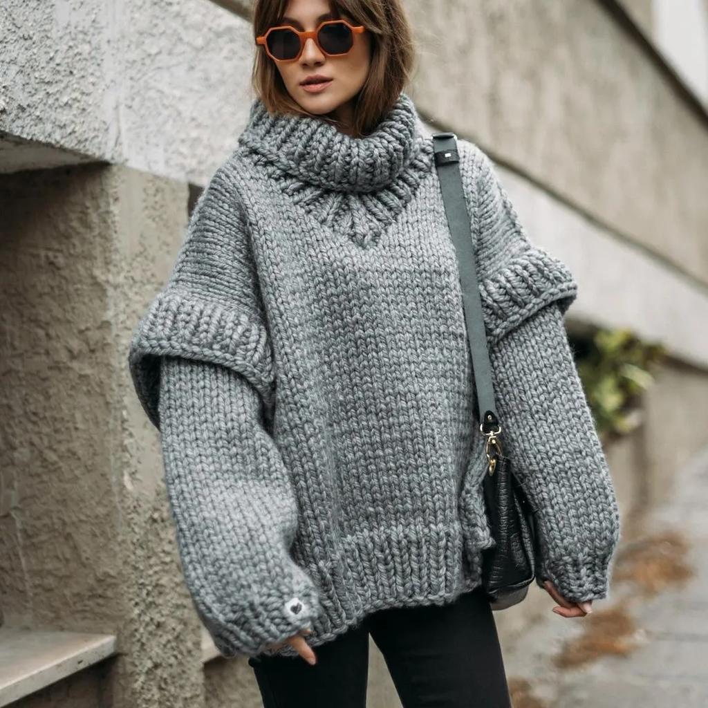 Jednobarevný pletený rolák s dvojitými lucernovými rukávy dámský pulovr silný teplý nadměrný volný top svetr podzim zima šik pletenina