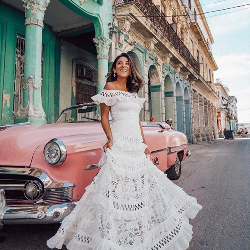 

Summer New Vintage Off Shoulder Sexy Dress Women Ruffled Hollow Out Lace White Party Loose Dress Women Elegant High Waist A Line Casual Dresses 25088 S белый