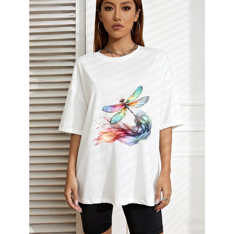 

White Oversized T Shirt With Colorful Dragonfly Print For Casual Wear XXXXL білий