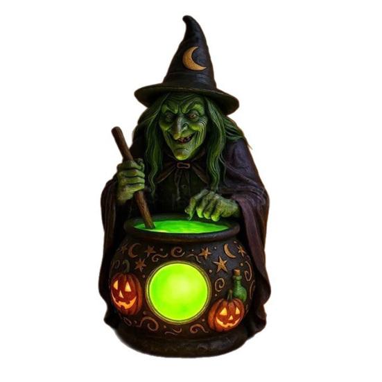 Artesanías de Resina Hechas a Mano Lámpara Caldero de Bruja de Halloween, Adorno de Estatua, Accesorios de Habitación Artísticos Decorativos Espeluznantes Luz para Escritorio Mesa