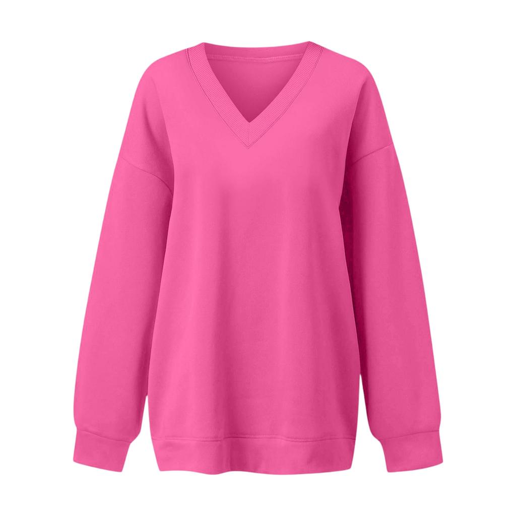 Sudadera de manga larga con cuello en V y color liso para mujer