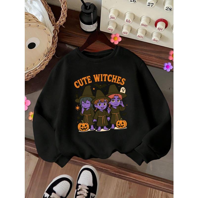 Kids Crewneck Sweatshirt, Witch Hat Halloween Print, Soft Warm Long Sleeve Pullover for Winter 110