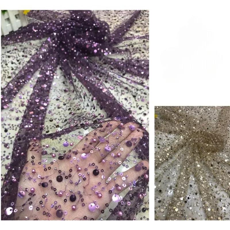 Luxury 3D Sequined Beaded Mesh Embroidered Lace Fabric Handmade Wedding Dress DIY Accessories Width 130cm 1Meter