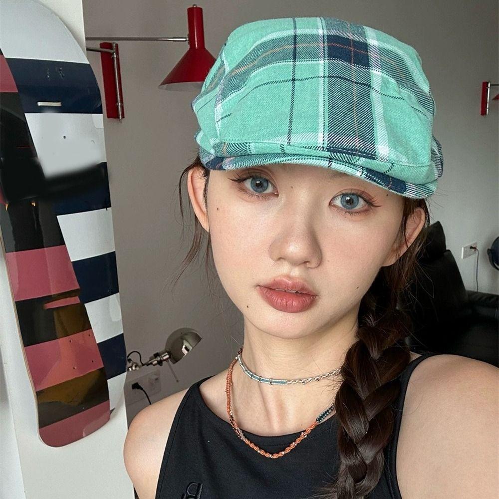 Cotton Plaid Beret Hat Dopamine Style Flat Peaked Cap Elegant Lattice Sun Hat Streetwear