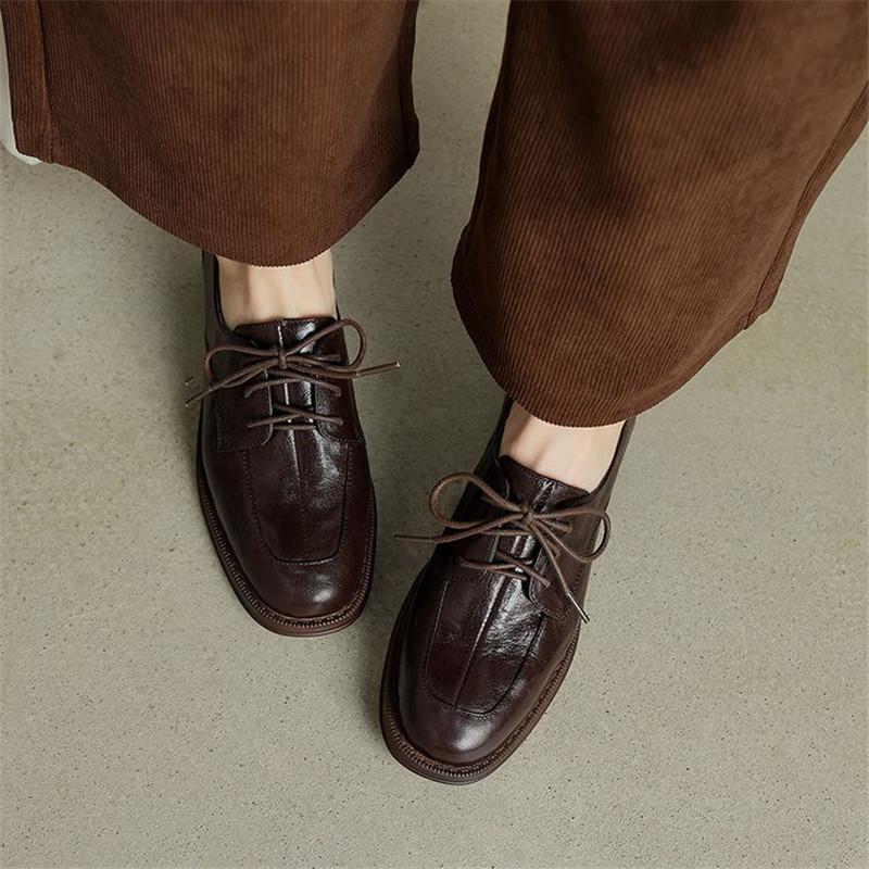 Fashion New Spring/autumn Genuine Leather Women Shoes Round Toe Shoes for Women Fashion Versatile Lace Loafers Low Heel Women Pumps