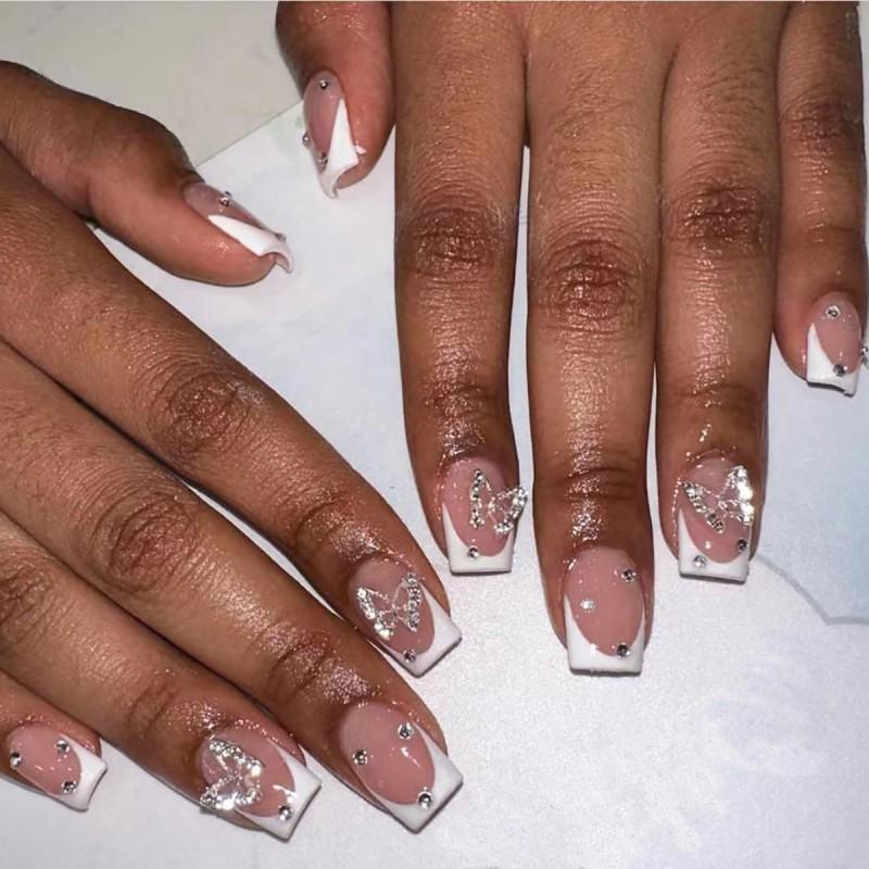 Elegant White French Nail Tips With Butterfly Design Removable Press-on Nails Sweet Style Adhesive Type