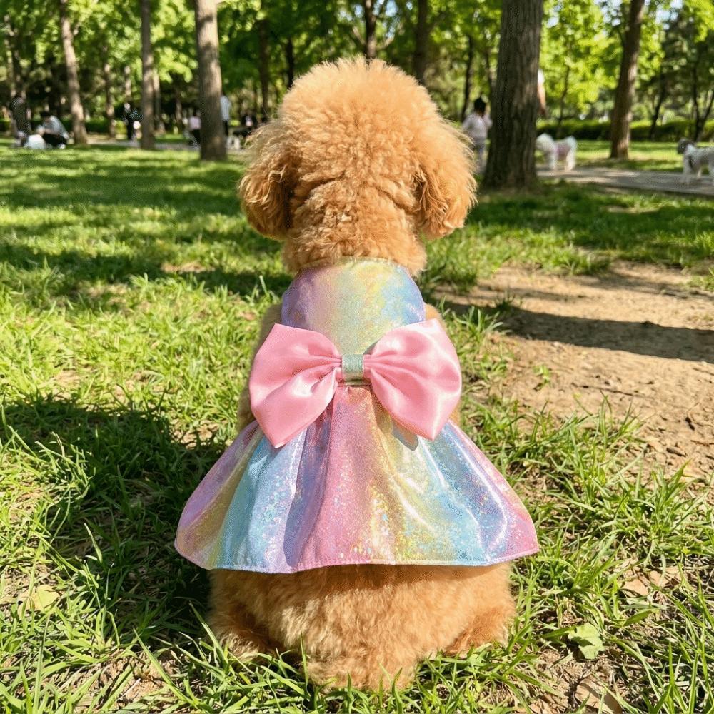 Pet Apparel Thin Breathable Dog Rainbow Skirt Bow Design Soft Pet Cloak Skirt Sleeveless Princess Dress Spring Summer