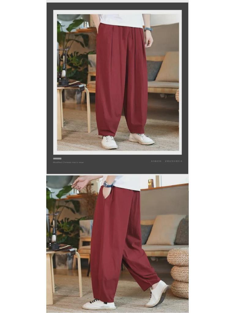 Lockere Leinen-Pumphose im Ethno-Stil für Herren – Tai-Chi-Hose mit weitem Bein für Frühling und Sommer