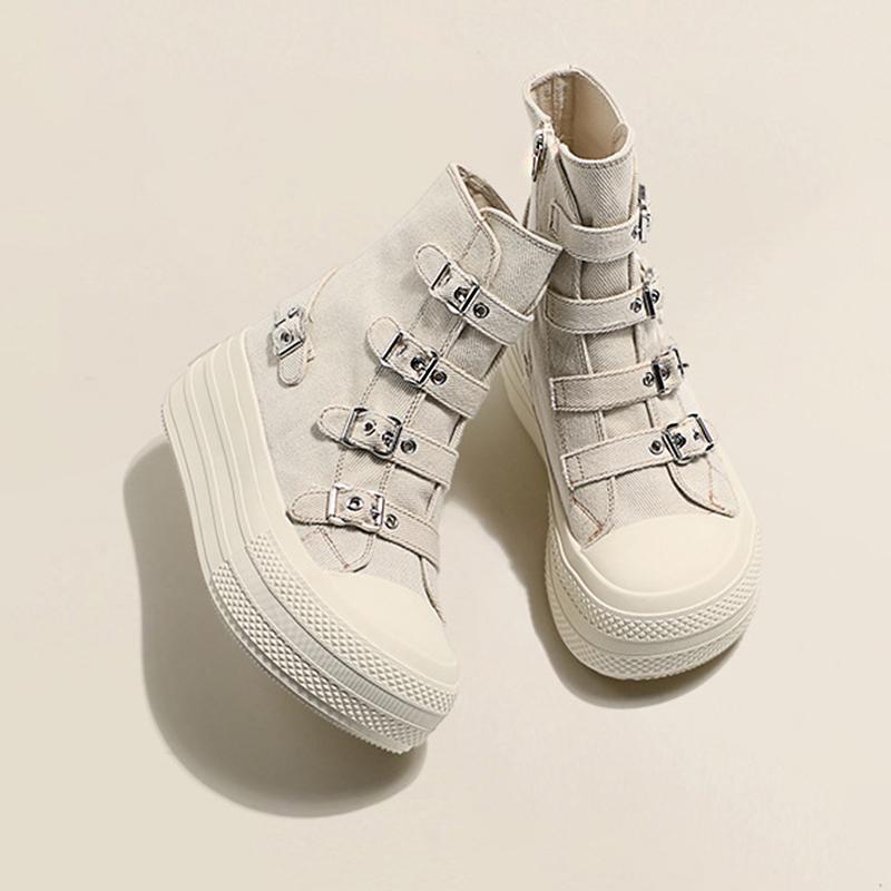 Fashion 2024 Spring and Autumn New Thick soled Short tube Canvas Boots French Casual Breathable Buckle Fashion Women's Single Shoes