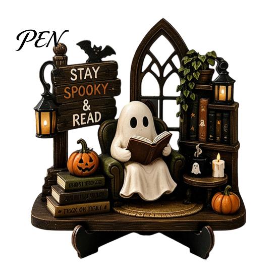 Cute Ghost Figurine Halloween Reading Figurine, Wooden Desktop Ornaments, Vintage Style Window Ornaments Statue with Stand for Home Tabletop Fireplace