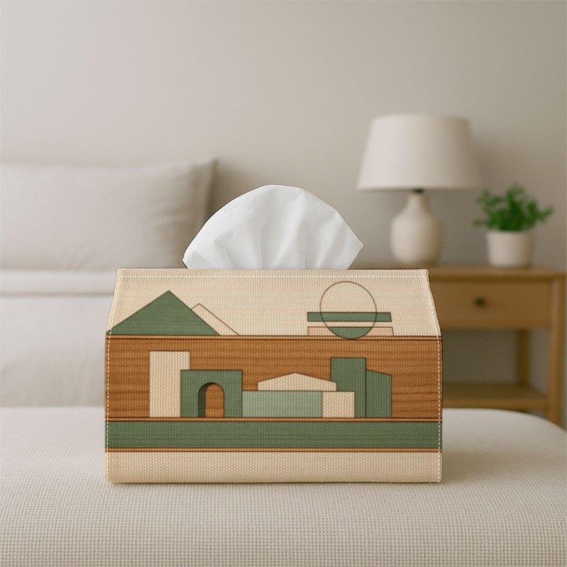 2D Flat 1pc Contemporary Abstract Landscape Tissue Holder, Reusable And Washable, Green Brown Geometric Architectural Design for Dining Table, Kitchen