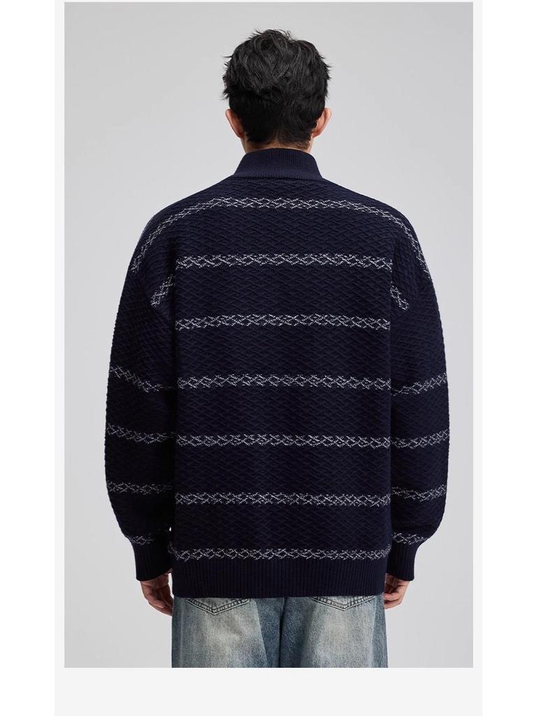 Retro Striped Men's Stand-Up Collar Knit Cardigan Sweater - Autumn Casual Loose Fit