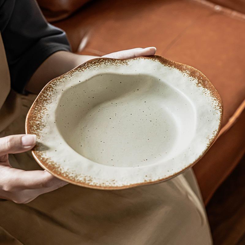 Coarse Pottery Straw Hat Plate Retro Style Ceramic Plate Household Tableware Vegetable Plate Pasta Plate Lace Fruit Salad Plate