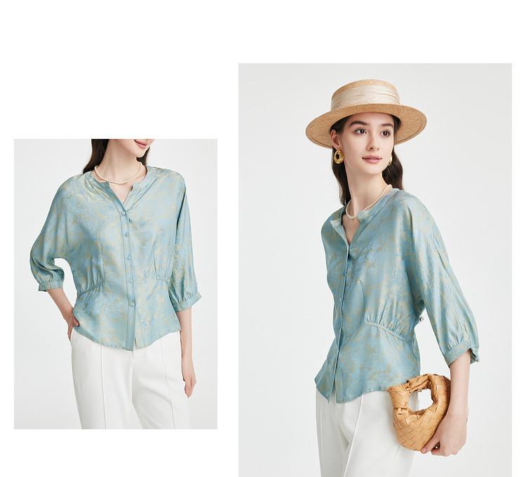 23 MM Jacquard] Spring and Summer V-neck Western Style Gentle Temperament Comfortable Skin friendly Mulberry Silk T-shirt for Women
