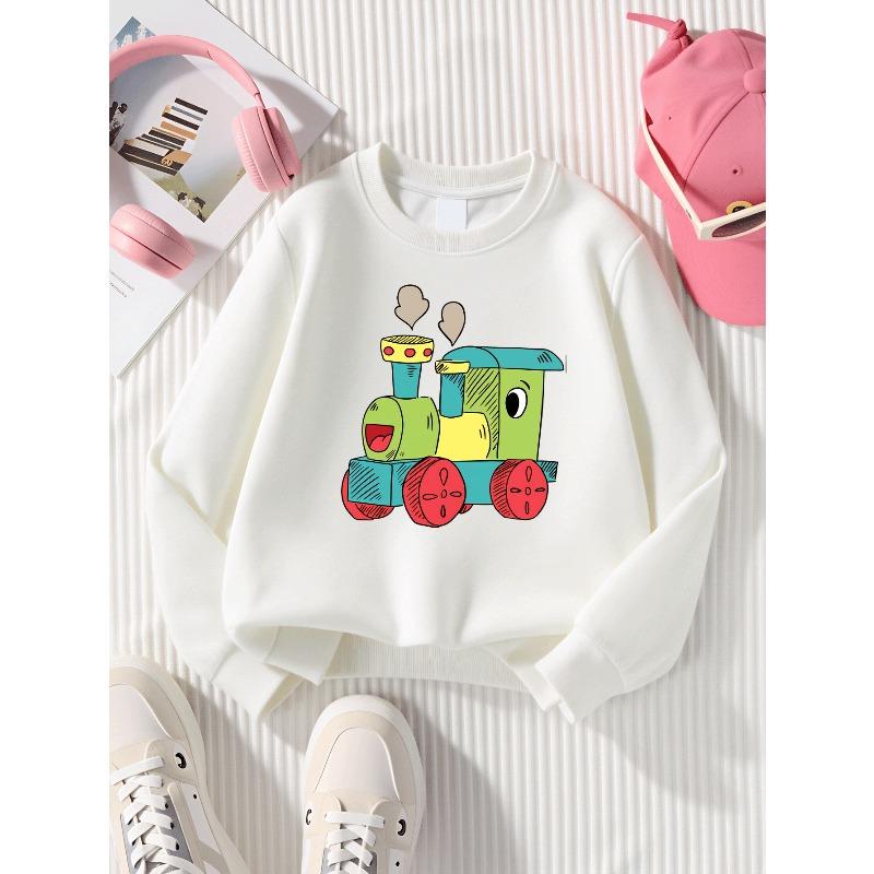 Kids Crewneck Sweatshirt, Colorful Toy Train Engine Graphic Print,Spring Autumn Casual Sport Tops