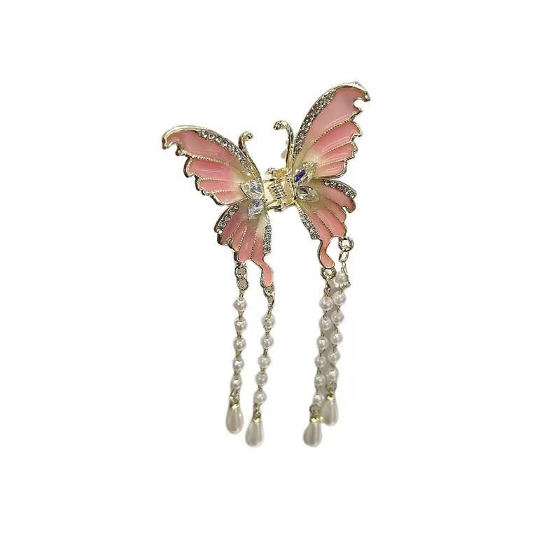 Korean Style Rhinestone Butterfly Pearl Tassel Hair Clip