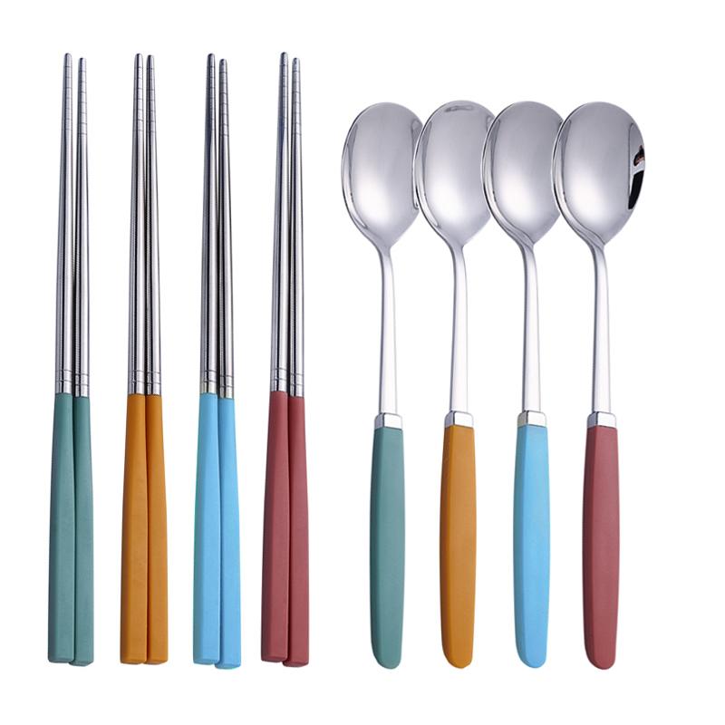 8Pcs Korean Dishware Collection Premium Silverware Collection 304 Stainless-steel Meal Collection Colors Spoon Dinnerware Spoon Chopsticks Silverware