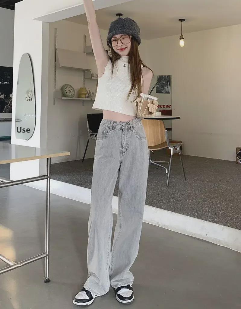 Women's High-Waist Light Gray Wide-Leg Retro Jeans