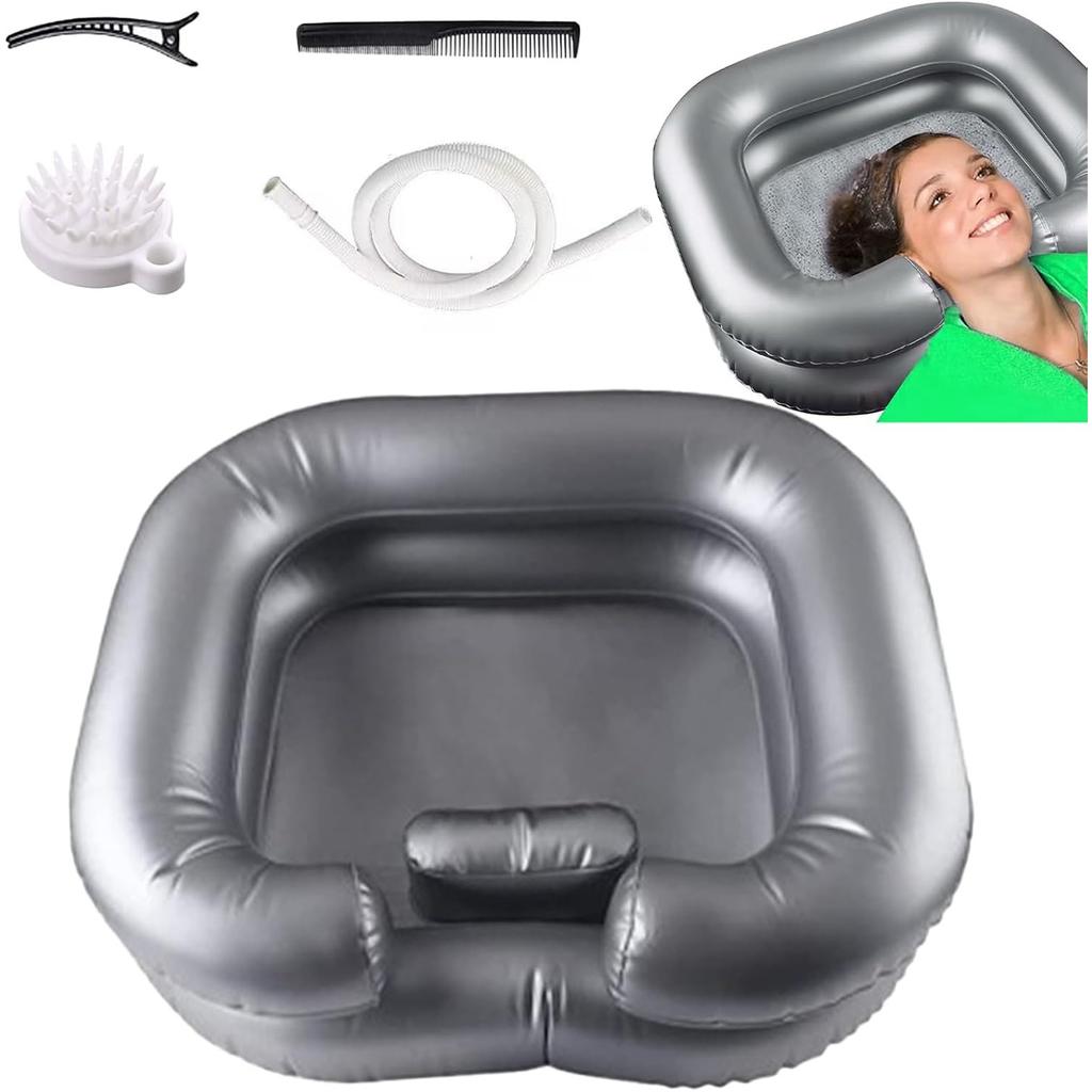 Disabled Hair Washing Aids with Drainage Tube & Built-In Pillow, Foldable Inflatable Hair Wash Basin, Portable Home Shampoo Sink, Bedside Washing