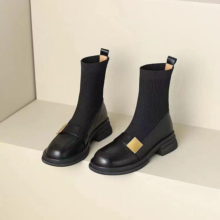 Women's Retro Chunky Heel Knitted Stretch Boots - Mid-Heel Ankle Loafers for Autumn/Winter 2025