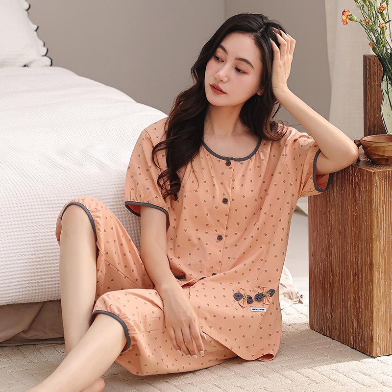 Pajamas women's 1011 new summer pure cotton thin short-sleeved cropped pants high-end cotton loungewear large-size set