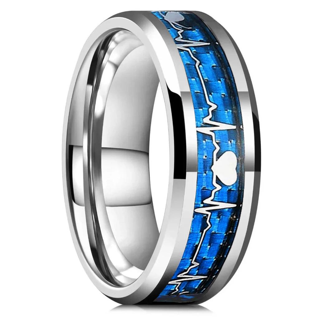 Fashion Heartbeat Stainless Steel Rings for Men With Blue Carbon Fiber Inlay Ring Wedding Jewelry Christmas Gift Accessories