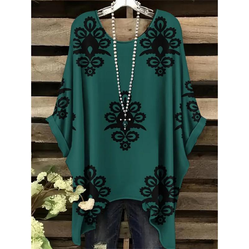 Übergröße, Damen Plus Size Lässiges Kurzarm-T-Shirt - Lila Blumenmuster, Dehnbares Polyester, Rundhalsausschnitt, Maschinenwaschbar, Ganzjahreskomfort