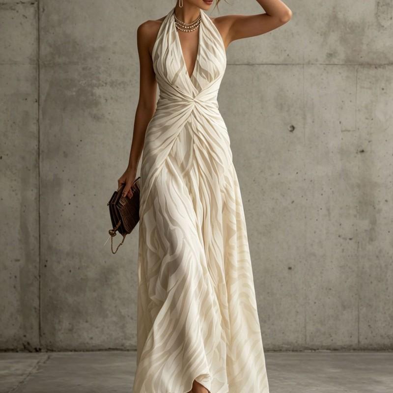 2026 French Vacation Style Halter Neck Pleated Long Dress Elegant Slim Fit Party Women