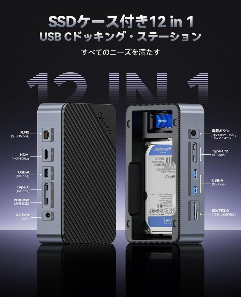 ORICO Hub HDD Docking Station Supports NVMe 10Gbps HDMI Card Gigabit 100W PD Fast Compatible USB-C 12-in-1 M.2 SSD, SATA, 2.5"/3.5" HDDs, High-Speed