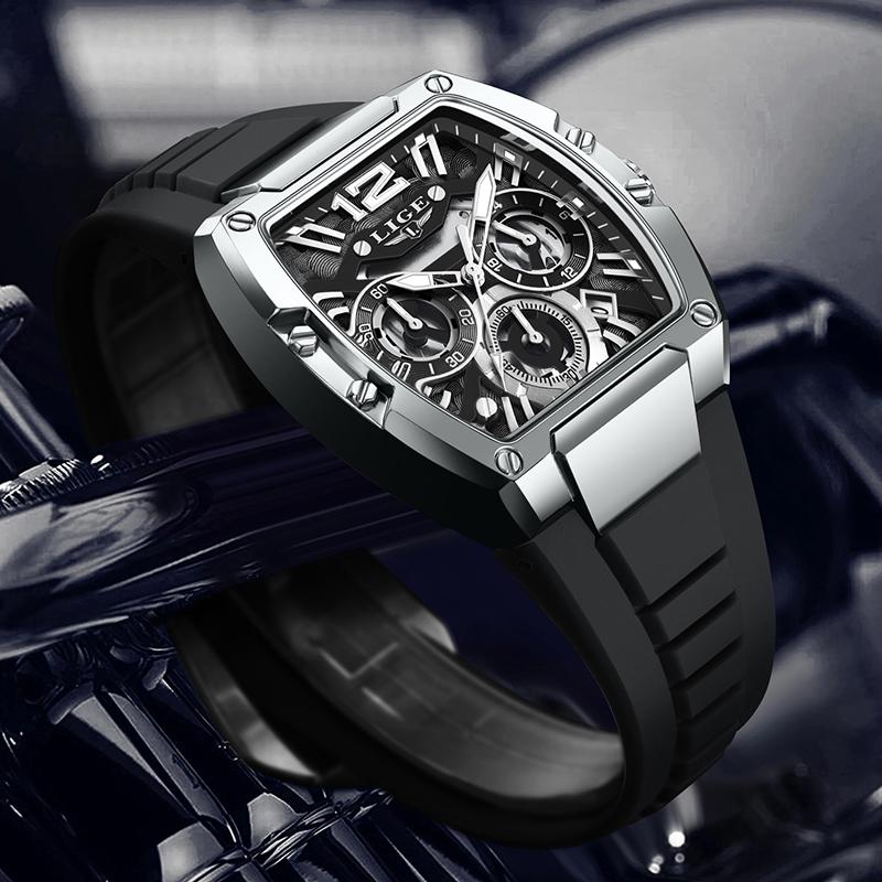 

New Luxury Black Silicone Watch Men Square Big Dial Chronograph Wrist Watches For men Waterproof Military Quartz Men Watch