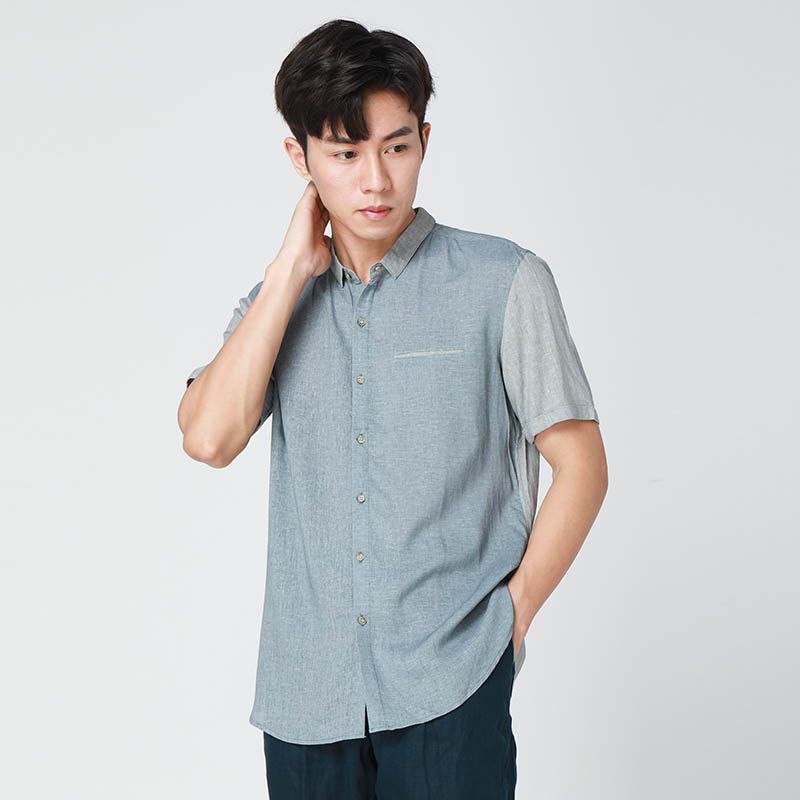 Menseye Panel Contrast Color Casual Square Collar Lightly Mature Short Sleeve