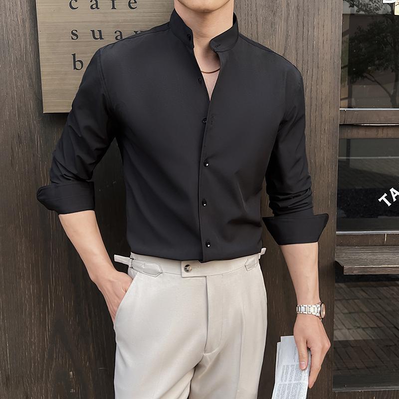 Spring Chinese Style High End Stand Up Collar Shirt Men's Long Sleeve Elastic Slimming Social Dress Shirt
