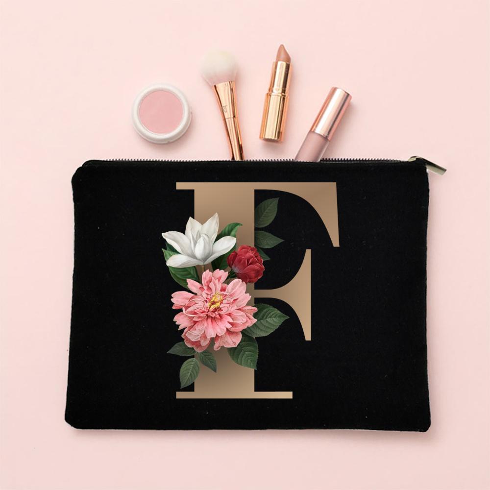 Alphabet Floral Makeup Bag Bridesmaid Maid of Honor Holiday Wedding Bachelorette Party Gift Canvas Cosmetic Zipper Storage Pouch