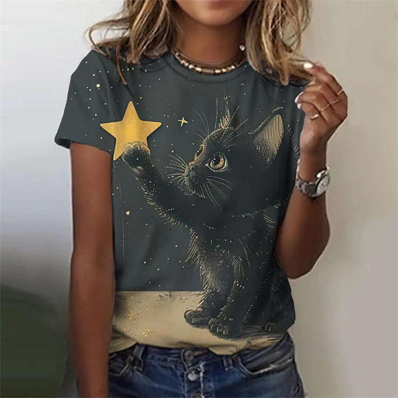 Cartoon Cat Pattern T-Shirt For Women Star Moon 3D Printed T Shirts Summer Fashion Street Tees Short Sleeves Crew Neck Tops