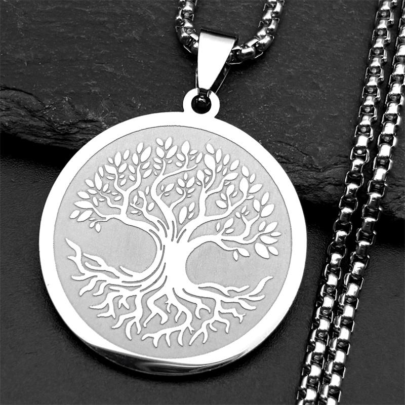 Collar Colgante Redondo Medalla Árbol de la Vida Acero Inoxidable para Mujeres Hombres Cadena Color Oro Plata Collares Joyería de Sanación Reiki