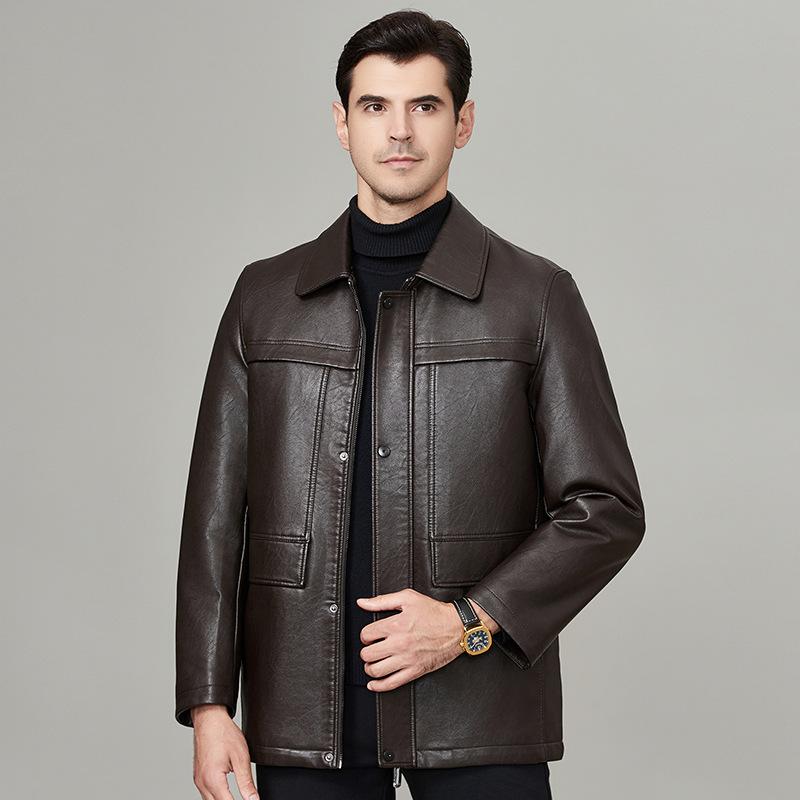 Men's Middle-aged and Elderly Leather Jackets Large Size Plus Fleece Sheepskin Genuine Leather Winter Daddy Leather Jackets