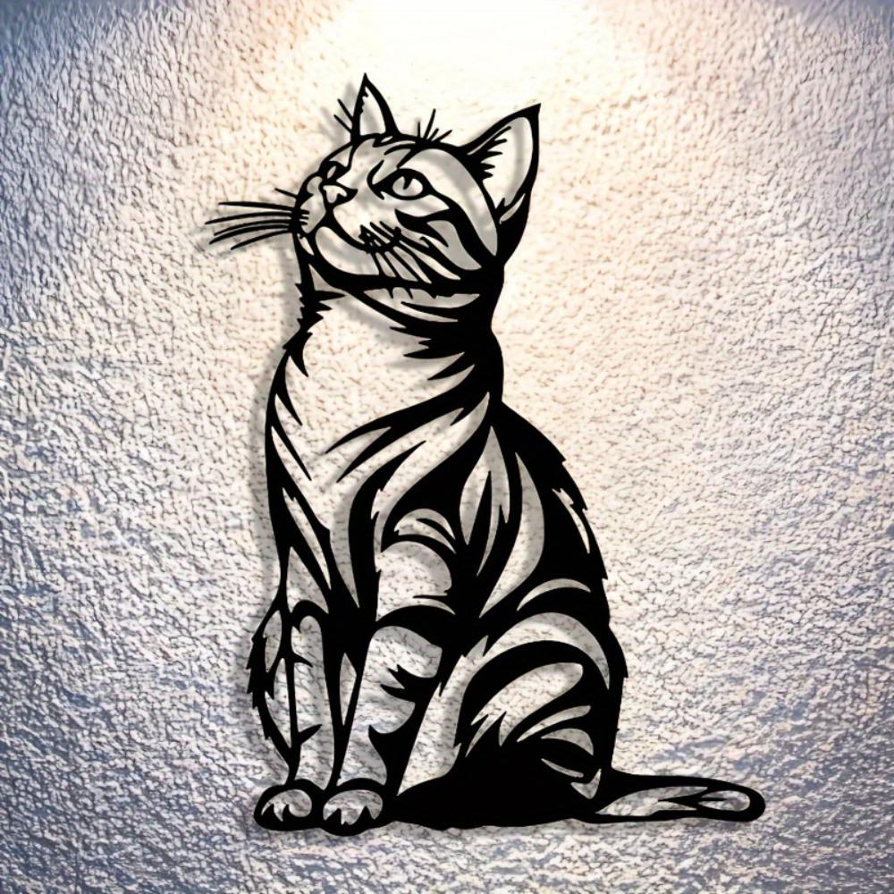 Elegant Metal Cat Wall Art Black White Stripe Silhouette Home Office Patio Kitchen Decor Removable Reusable Housewarming Gift