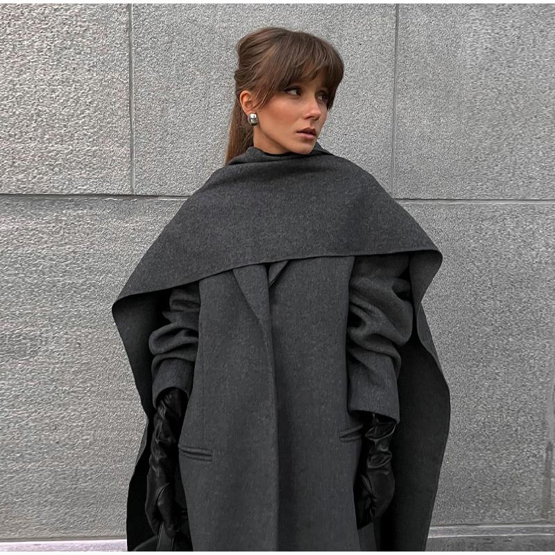 Casaco de lã com gola cachecol chique de cor sólida, bolsos elegantes, jaquetas trespassadas, novo vestuário feminino grande