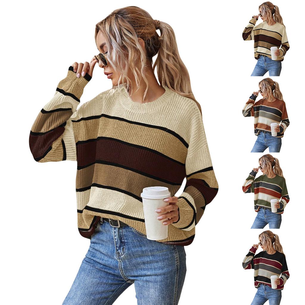 Women's Fashion Round Neck Sweater Lazy Loose Classic Striped Long Sleeves