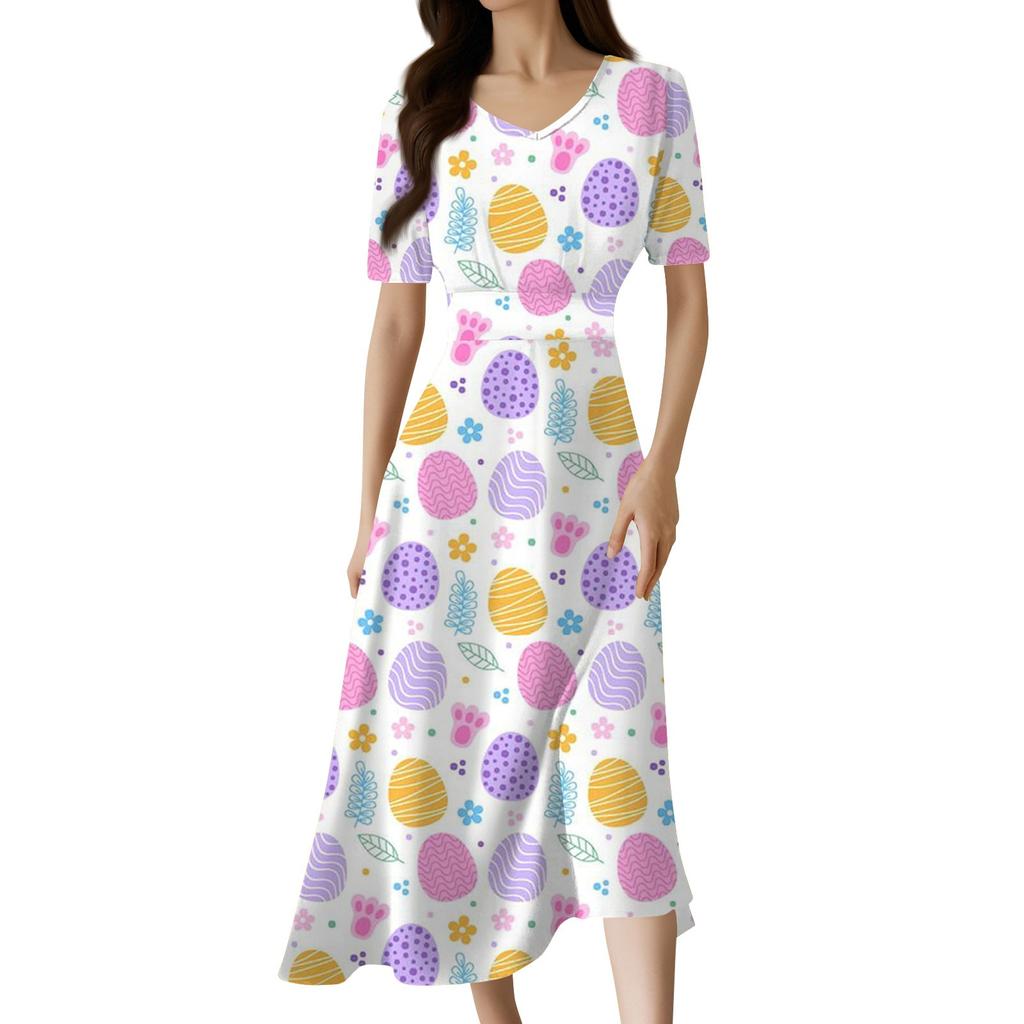 Ladies Casual Fashion Gradient Print V-Neck Short Sleeve Waist Long Swing Dress