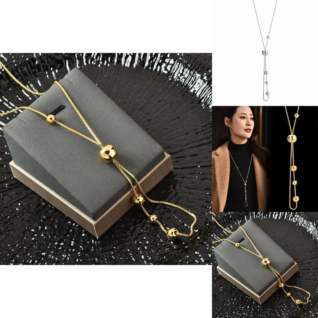 Stylish Long Titanium Steel Pull-through Ball Necklace For Women Trendy Jewelry