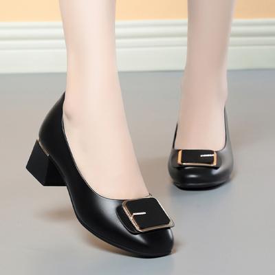 Mode Féminine Doux Escarpins à Talons Carrés Femmes Noir Haute Qualité Bureau Printemps Cuir Souple Semelle Souple Chaussures