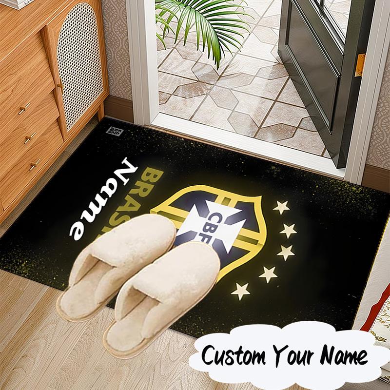 Custom Name Brasilian Pride Emblem Rug for Living Room, Game Rooms, Office, Bedroom, Floor Mat Playful Design, fan gifts Christmas decor