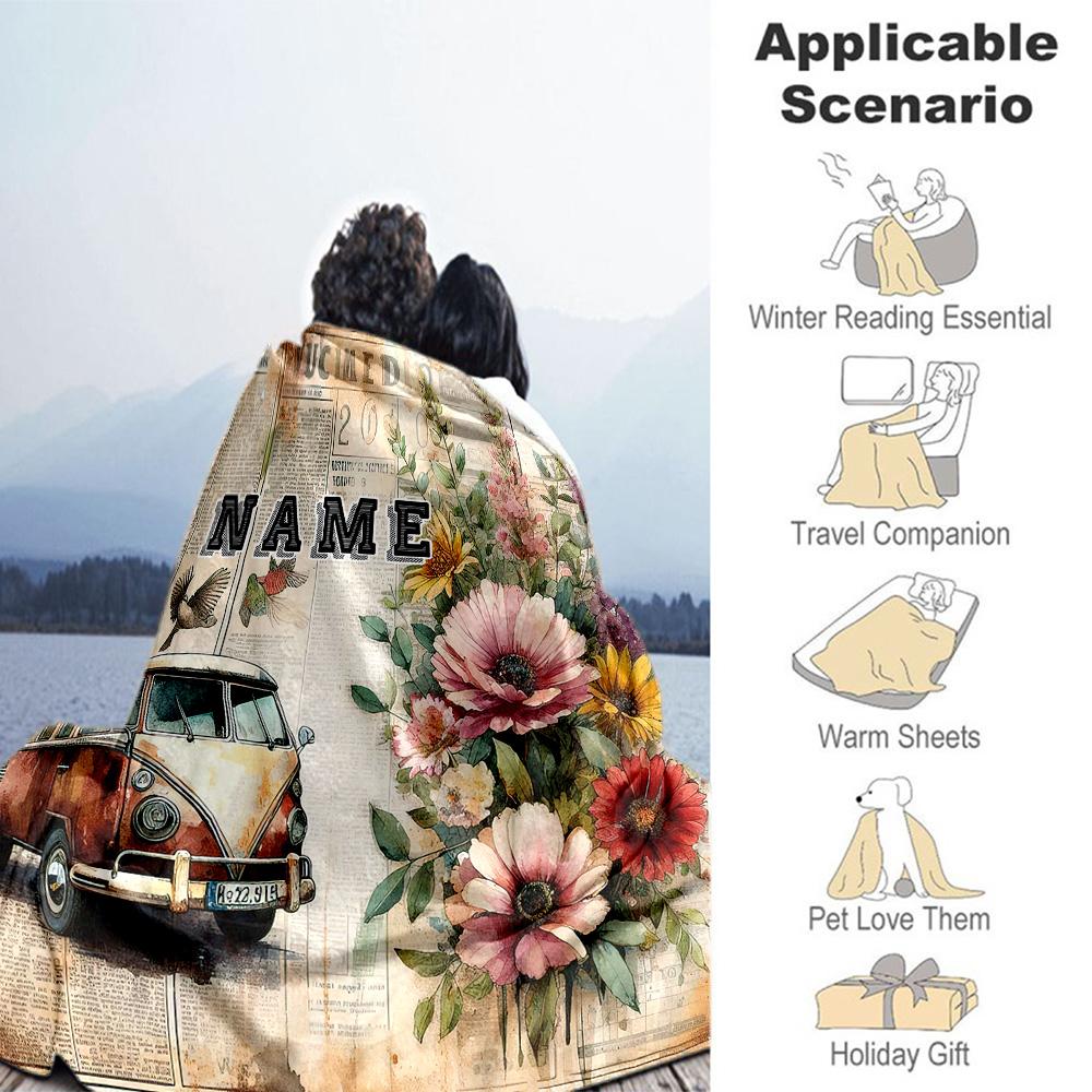 Bus Flowers Personalized Text Blanket Multi-purpose Personalized Blanket Comfortable for Office Bedding Seaside Living Room Four Seasons Multipurpose
