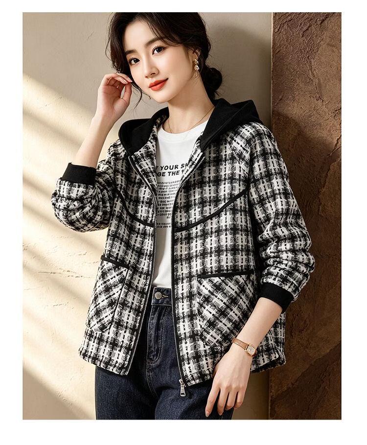 D.F.DEAR Women's Casual Hooded Plaid Jacket