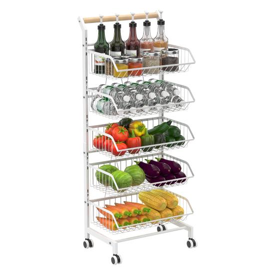 Fruit Vegetable Basket, 5-Tier Adjustable Rolling Pantry Kitchen Cart On Wheels, Metal Wire Storage Basket Cart for Fruit, Potato, Onion, Vegetable,