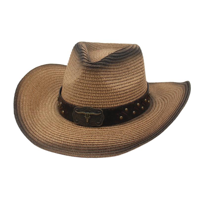 

Vintage Bull Head Straw Cowboy Hat Vintage Casual Sun Hat Men And Women Windproof Breathable Panama Hat One-size-fits-all straw hat [spray paint]